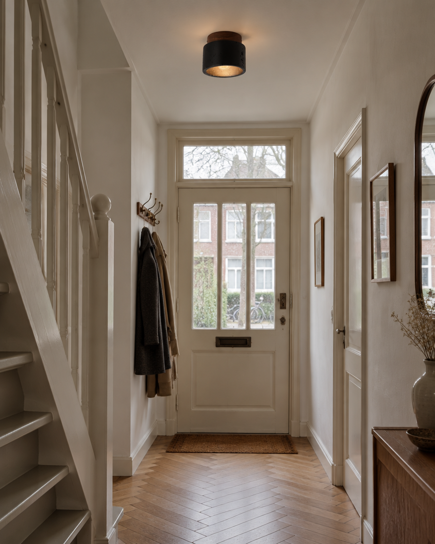 Basalt plafondlamp in een Nederlandse hal