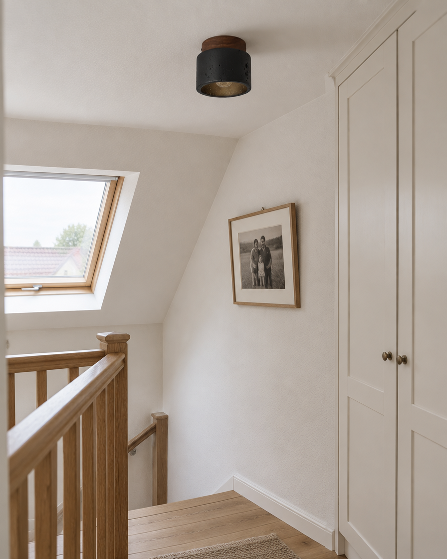 Basalt plafondlamp op een Nederlandse overloop