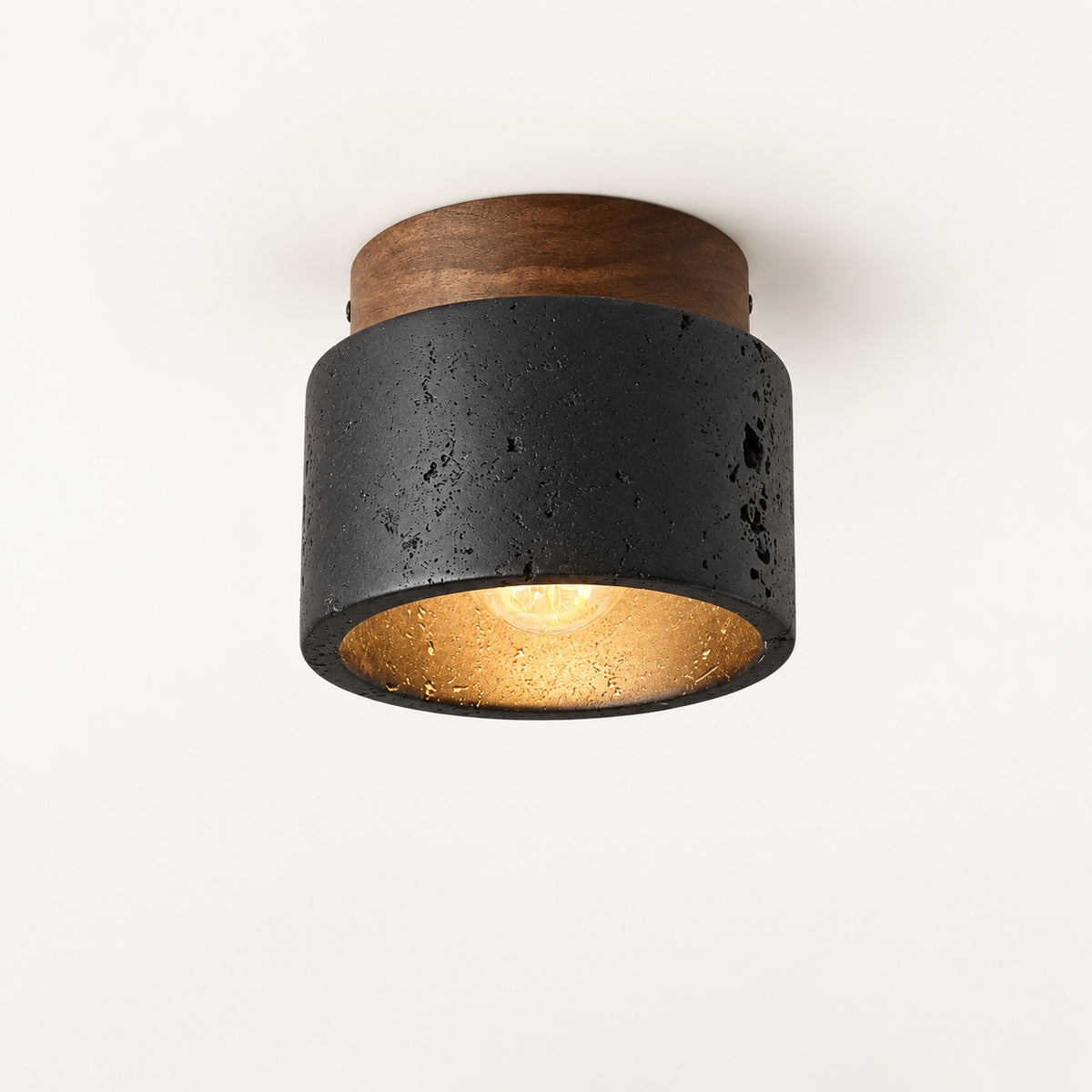 Basalt Cylinder plafondlamp van zwarte natuursteen en walnoot