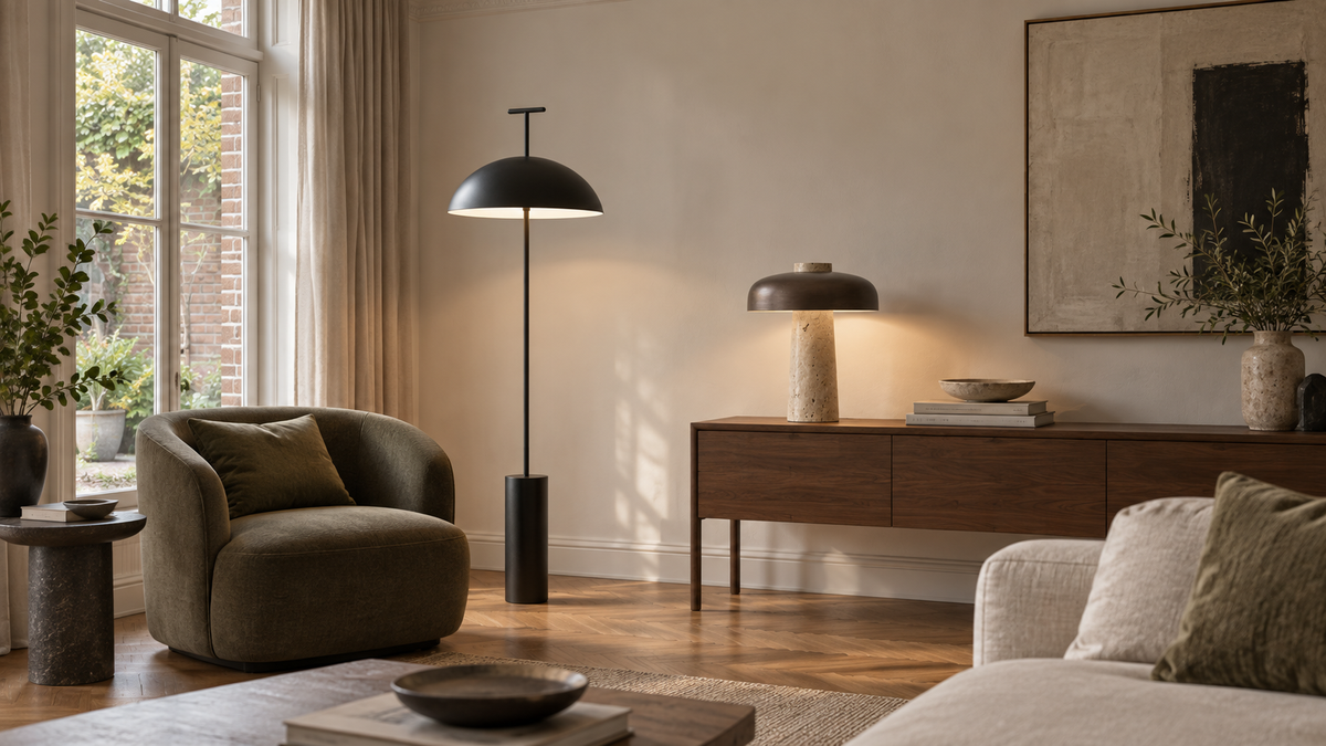 Sfeerbeeld van een lichte woonkamer met de Tor Dome tafellamp en Obsidian Dome vloerlamp