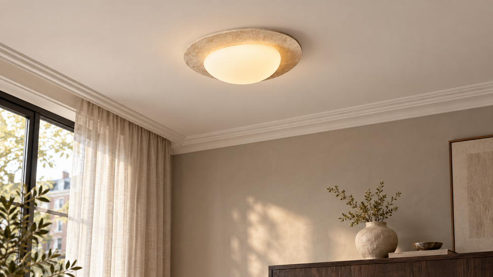Cove Pebble plafondlamp van travertijn, direct tegen het plafond in een rustig interieur (AI-sfeerbeeld).