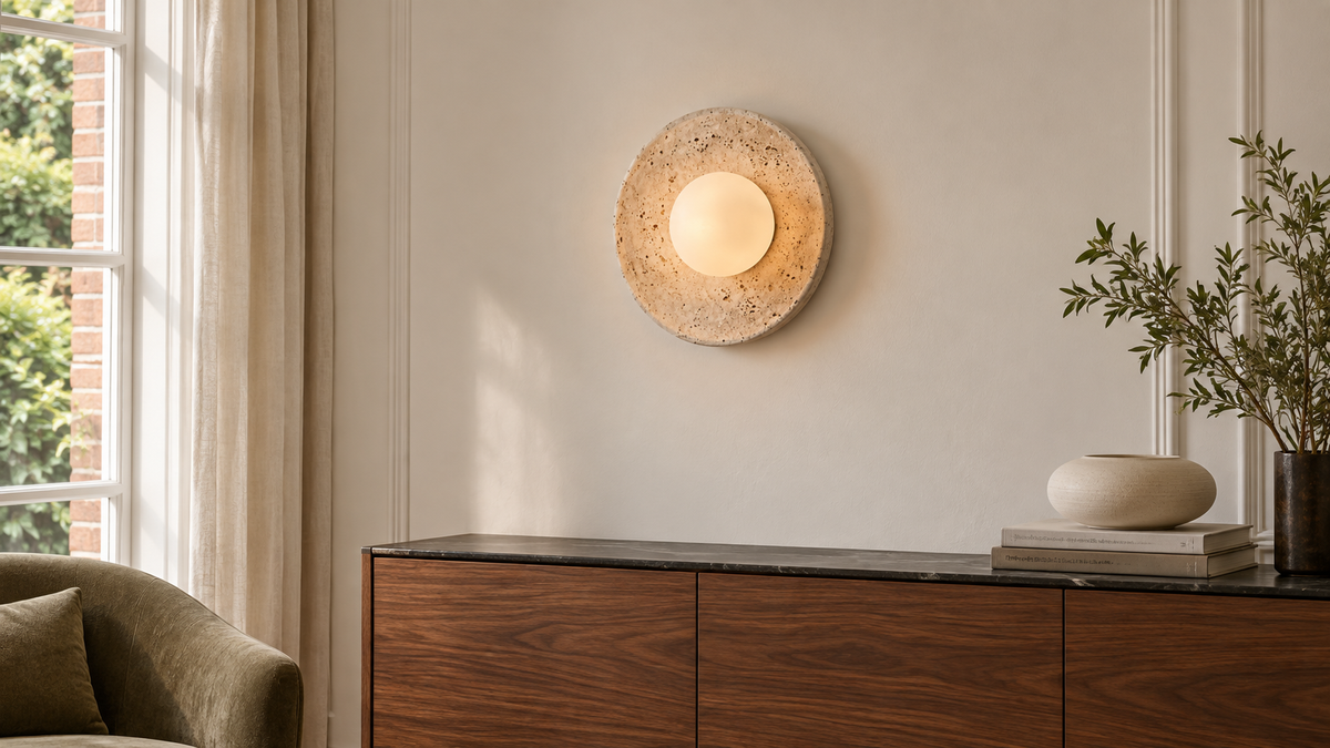 Sfeerbeeld met een Cairn Halo wandlamp boven een notenhouten dressoir in een licht interieur