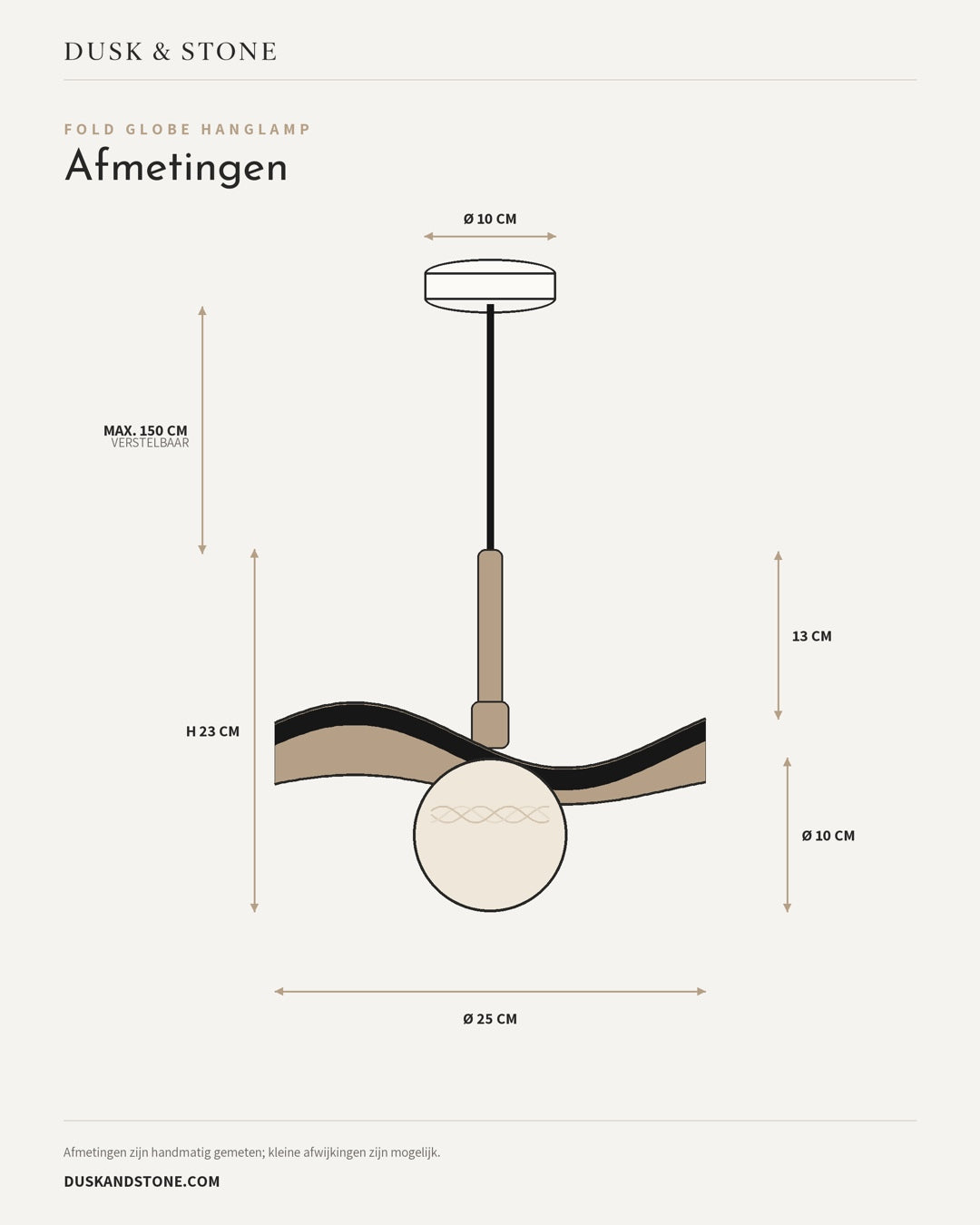 Volledig maatoverzicht van de Fold Globe hanglamp van Dusk & Stone