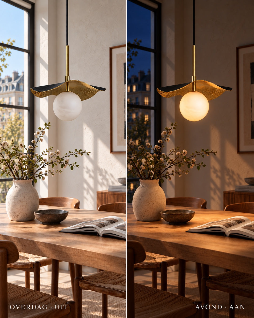 Fold Globe hanglamp overdag uit en in de avond warm verlicht boven de eettafel