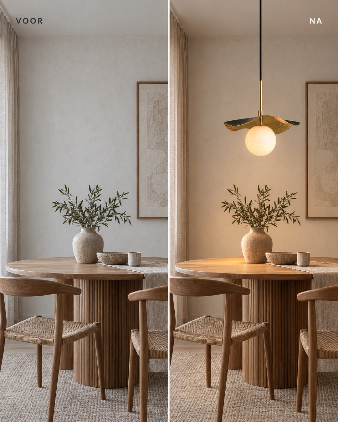 Voor-en-na vergelijking van een eethoek zonder en met Fold Globe hanglamp