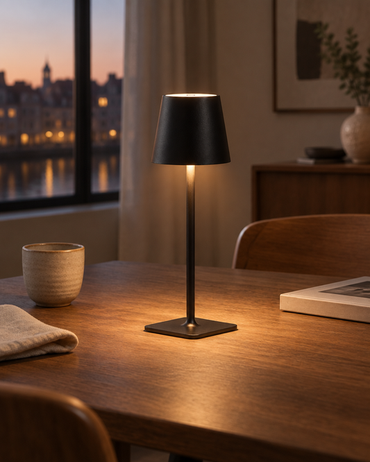 Solis Draadloze Tafellamp in een warm interieur bij avondlicht