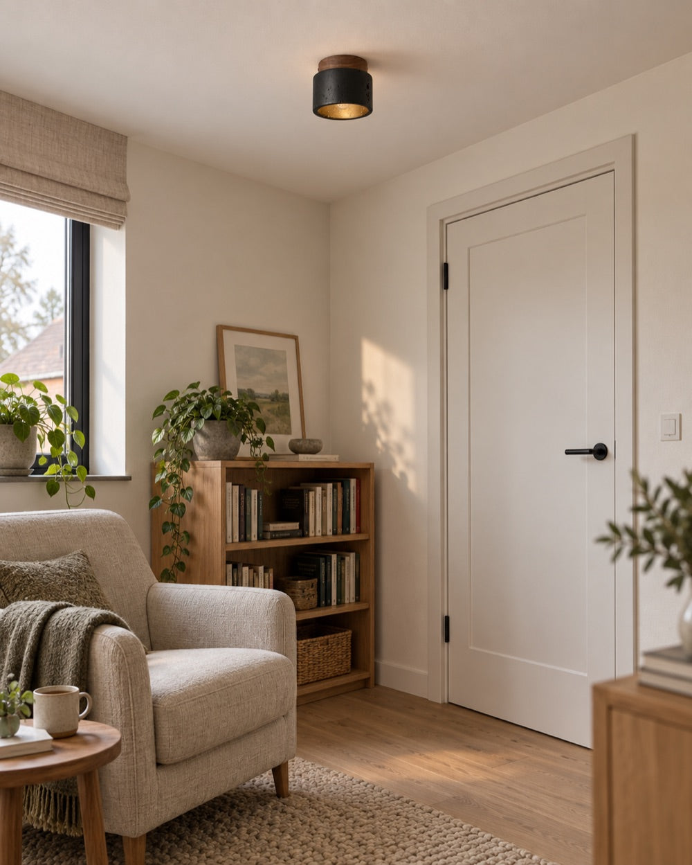 Interieurinspiratie: Basalt plafondlamp bij een warme leeshoek