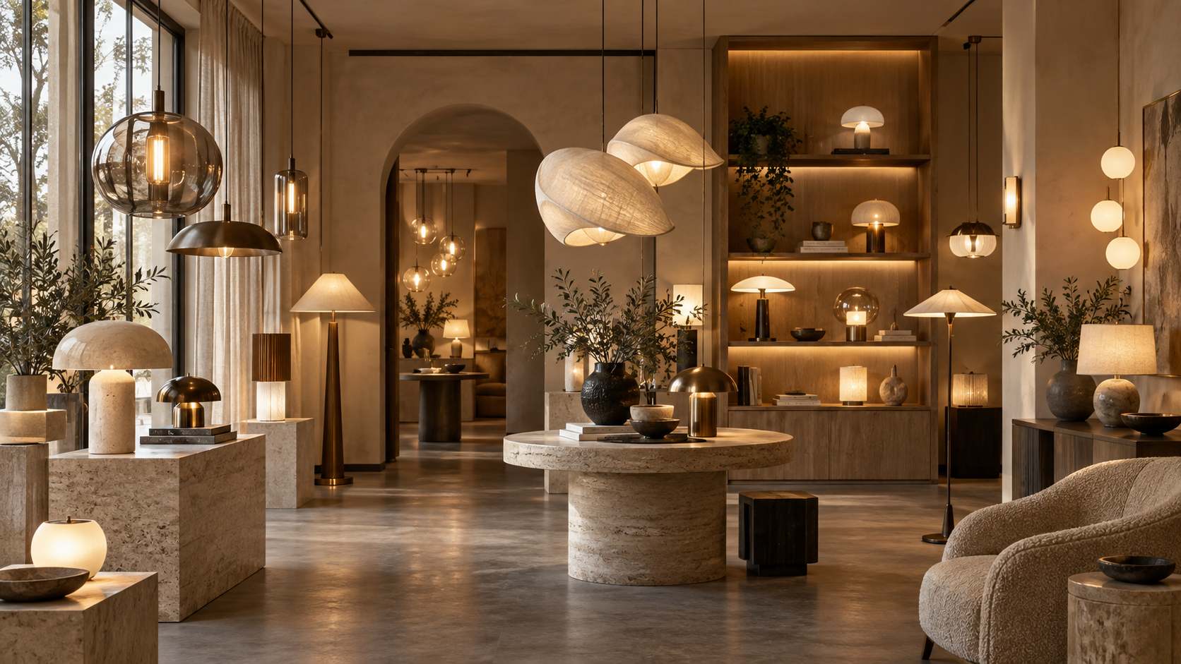 Een warme verlichtingsstudio met sculpturale lampen en verfijnde interieurdetails