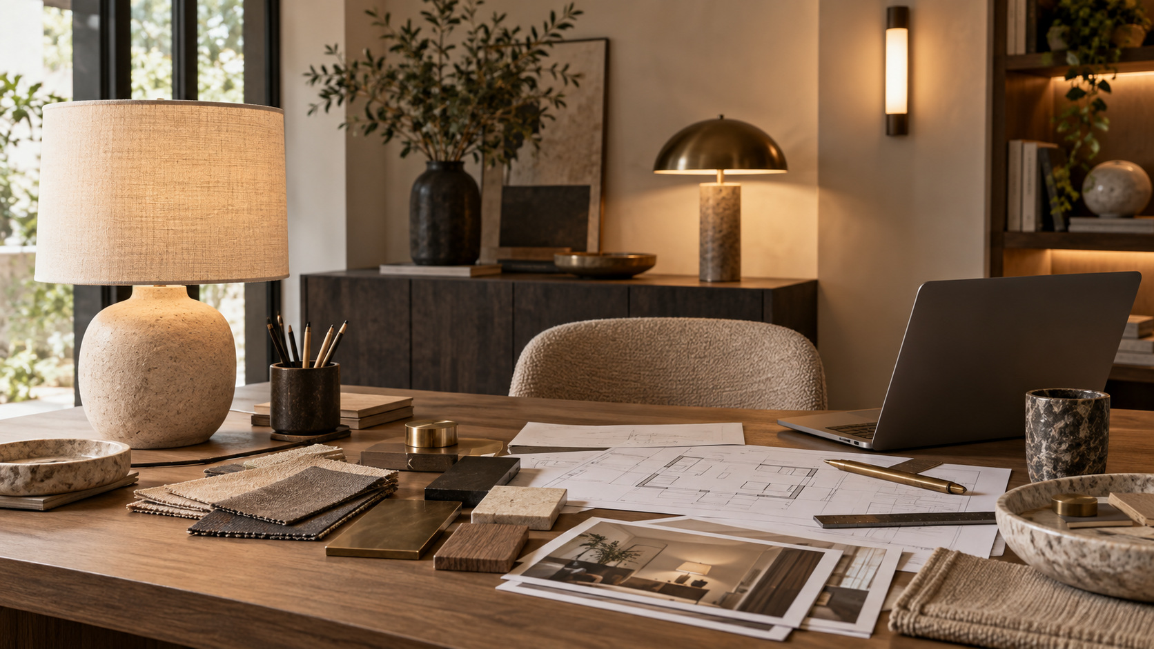 Werktafel met materiaalstalen en warme verlichting